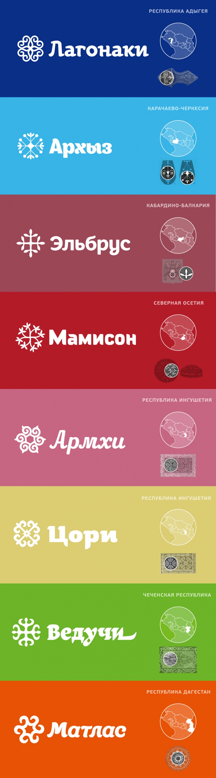 Элементы фирменного стиля для отдельных курортов Северного Кавказа, 2014 год.
