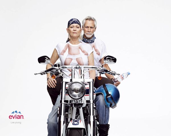 Пара байкеров - новые персонажи в рекламной кампании Evian «Live young!», апрель 2012г.