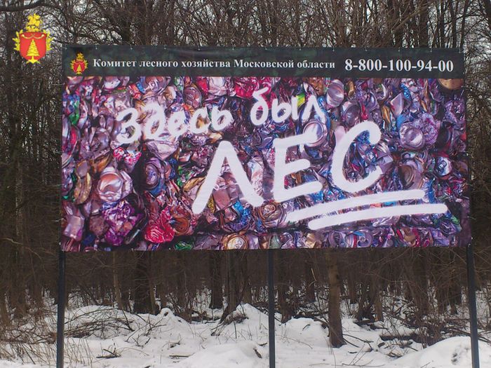 Рекламные плакаты «Здесь был лес», размещённые в филиалах ГАУ МО «Центрлесхоз», 2013 год.
