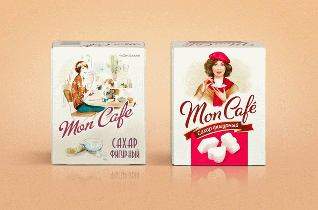 Старый и новый дизайн упаковки фигурного сахара «Mon Café».